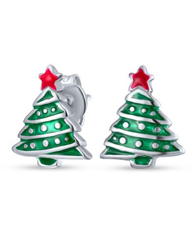Серьги-гвоздики Bling Jewelry Small Fun Winter Holiday Red Star Enamel Green Christmas Tree, Sterling Silver
