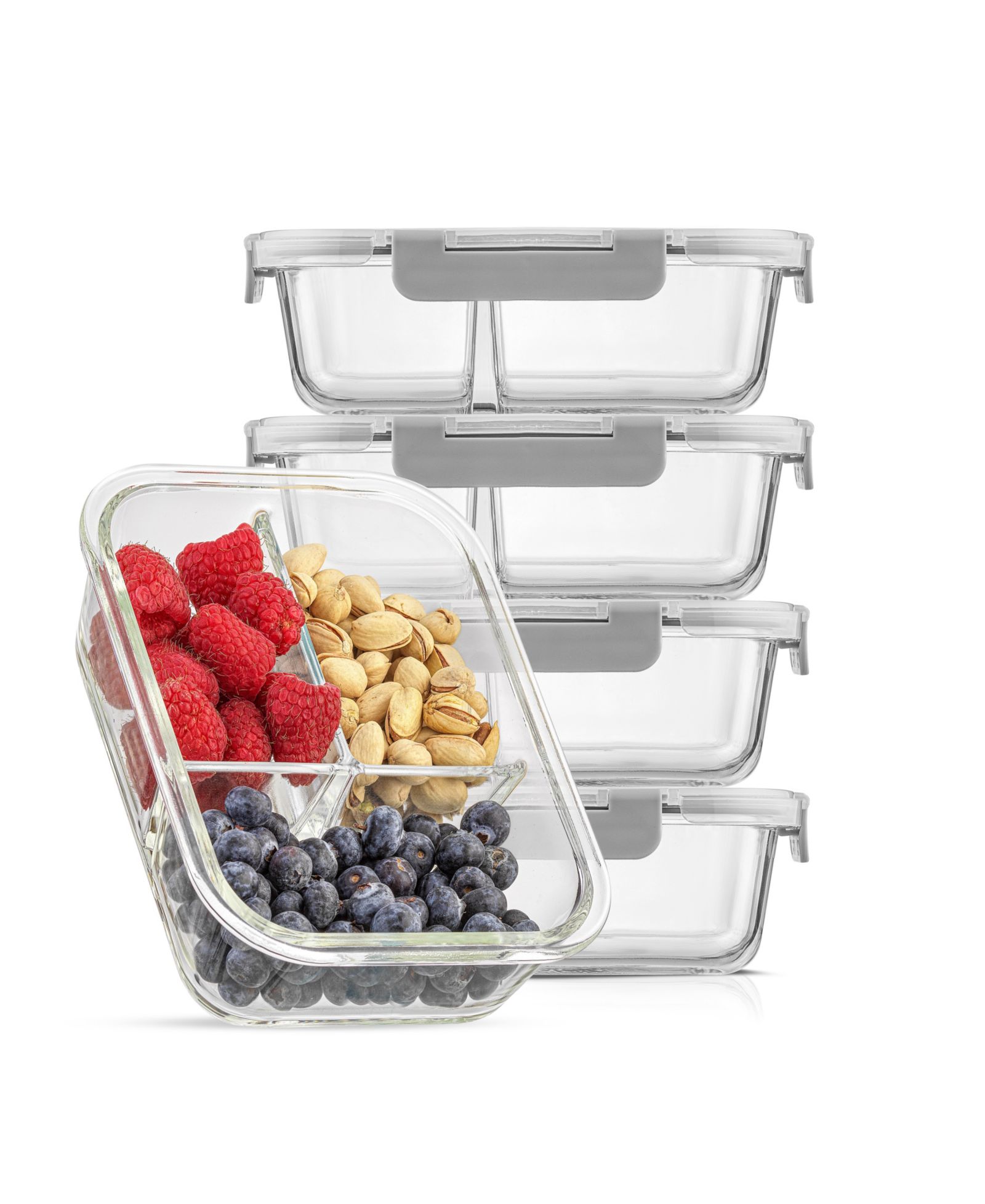 JoyJolt Glass Meal Prep Containers 3-Compartments, Set of 5