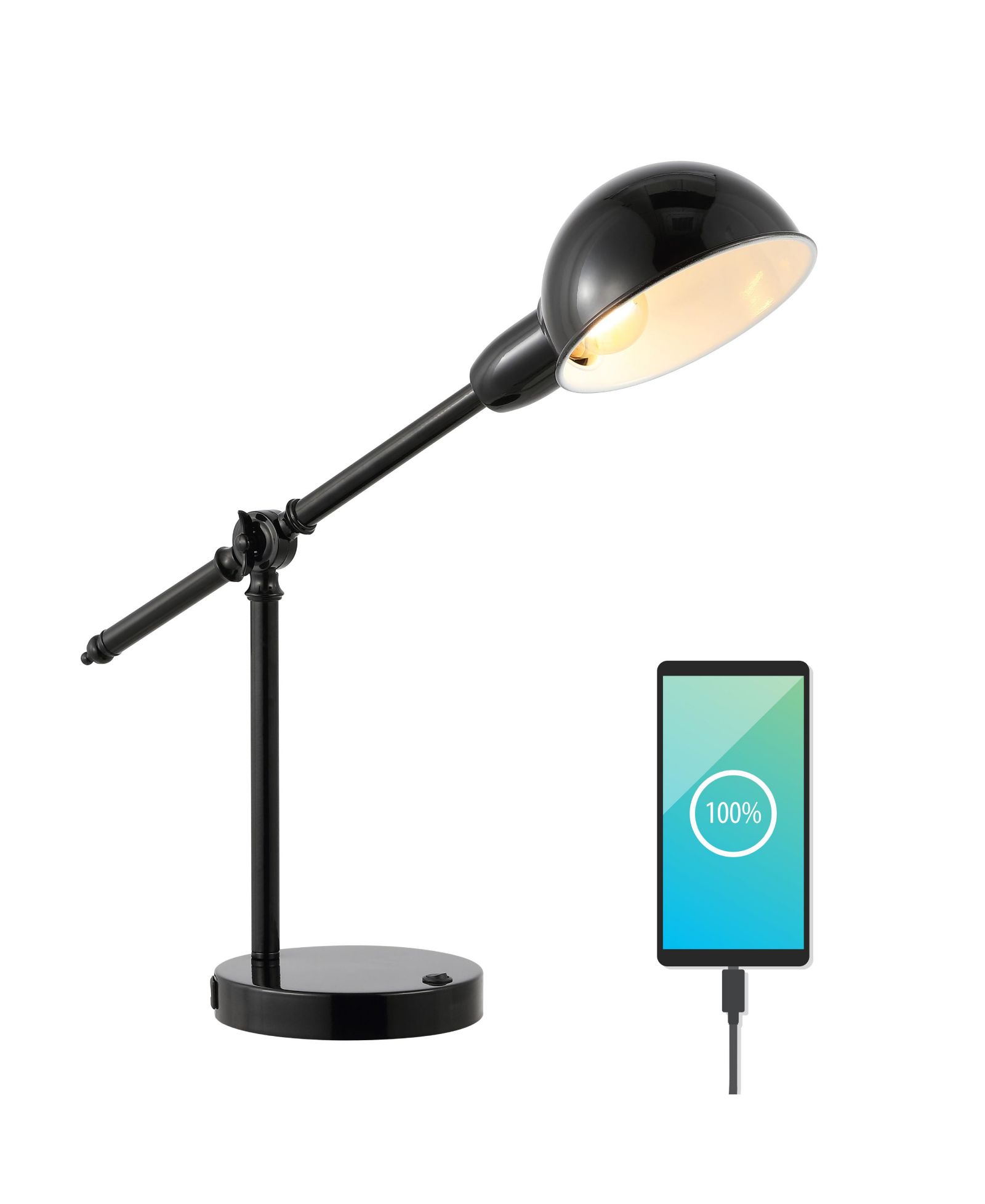Curtis Vintage Industrial Iron Adjustable Dome Shade LED Task Lamp with USB Charging Port