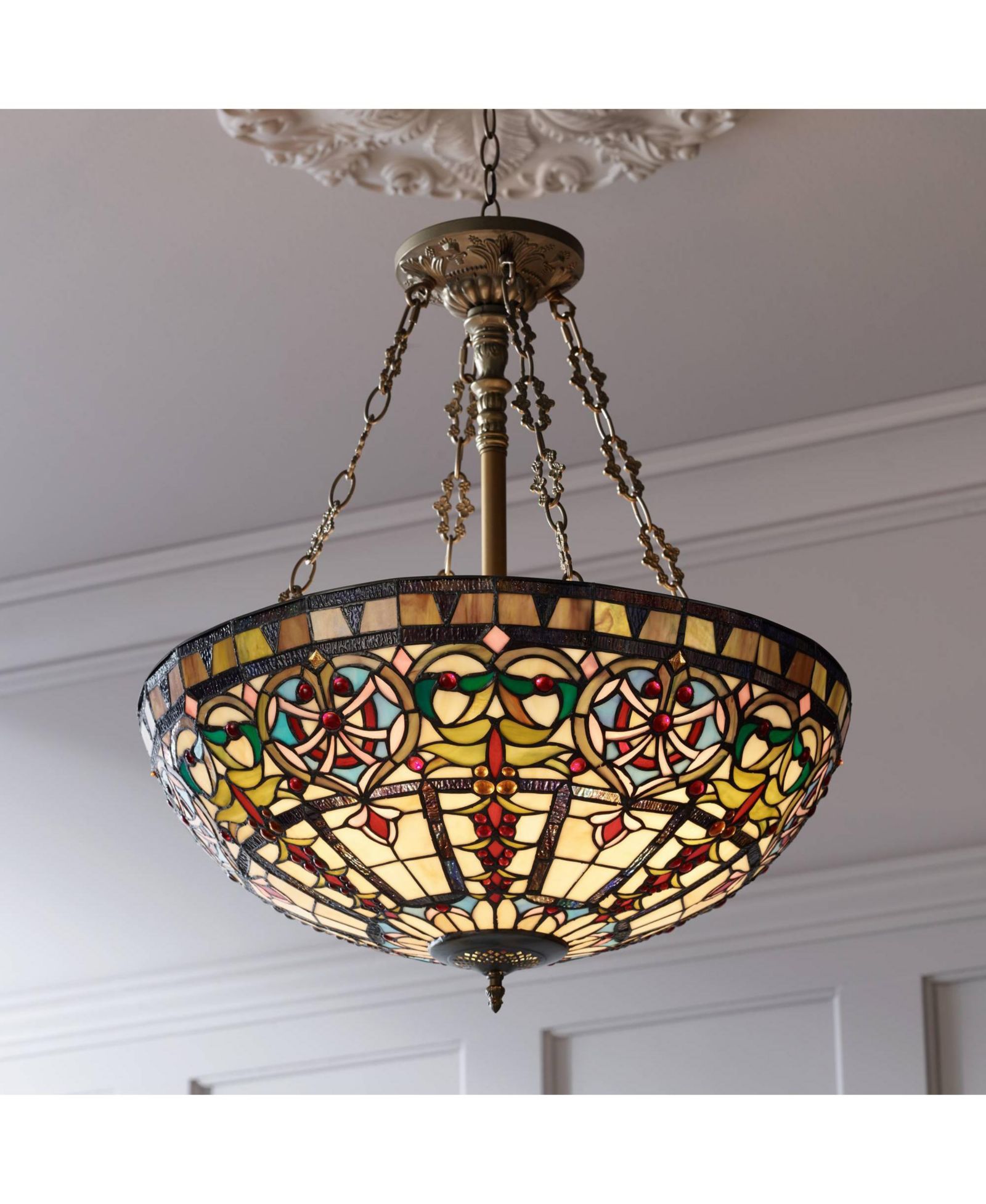 Robert Louis Tiffany Bronze 5-Light 24" Wide Tiffany Style Stained Glass Bowl Ornamental Fixture Pendant Chandelier