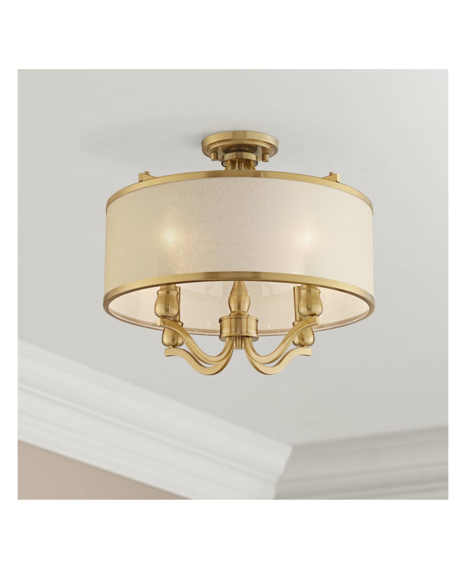 Possini Euro Design Nor 18" semi flush ceiling light, antique brass finish with soft gold organza drum shade, 4 light fixture