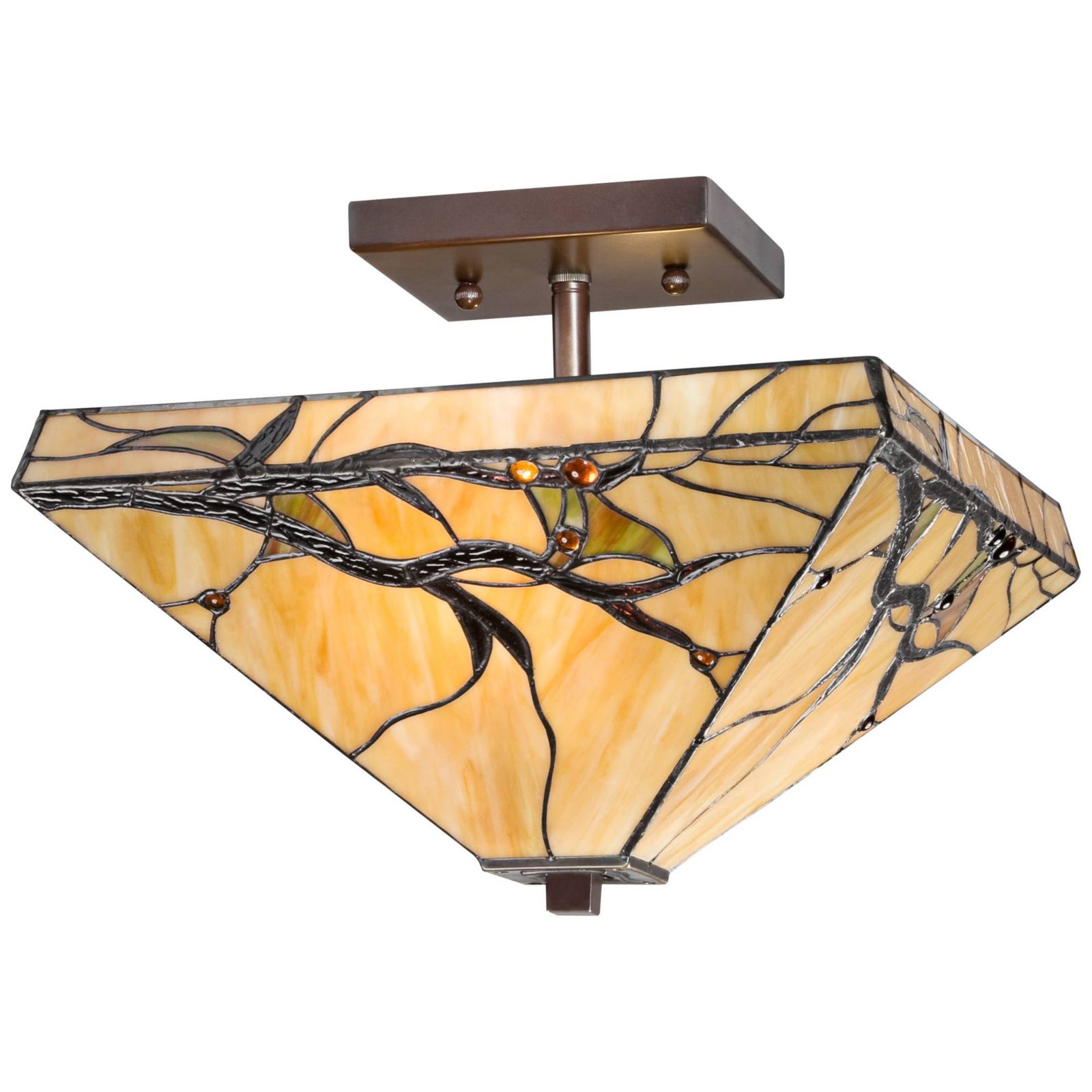 Robert Louis Tiffany Mission Rustic Ceiling Light Semi Flush Mount Fixture 14" Wide Bronze 2-Light Budding Branch Art Glass Shade for Bedroom Kitchen