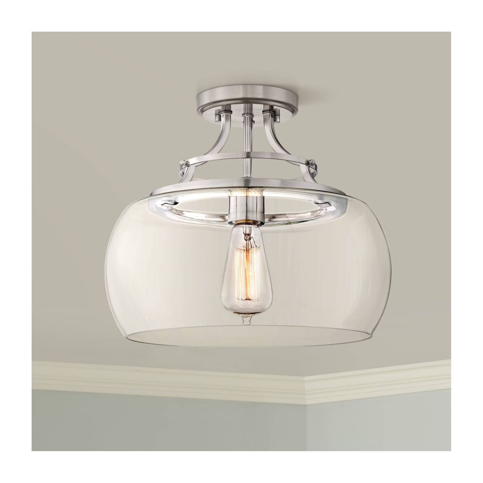 Franklin Iron Works Charleston Modern Industrial Ceiling Light Semi Flush Mount Fixture 13 1/2" Wide Brushed Nickel LED Clear Glass Shade for Bedroom