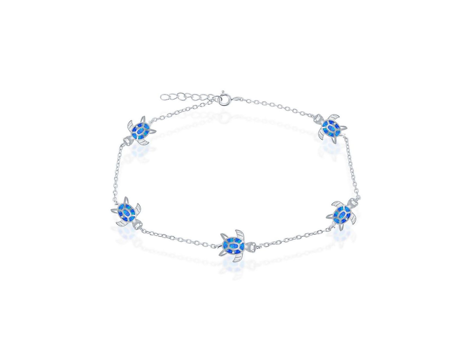 Caribbean Treasures Sterling Silver Synthetic Opal Turtle Anklet - Blue Inlay