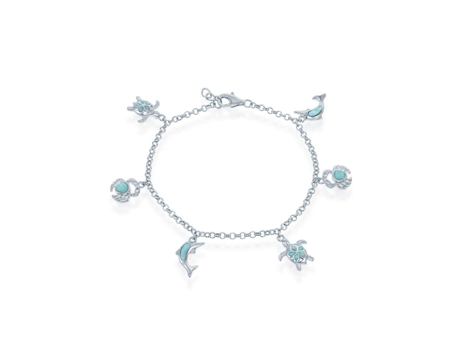 Sterling Silver Larimar Turtle, Crab and Dolphin Charms Bracelet