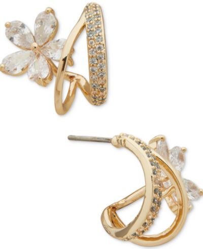 lonna & lilly Gold-Tone Crystal Flower Small Hoop Earrings, .58"