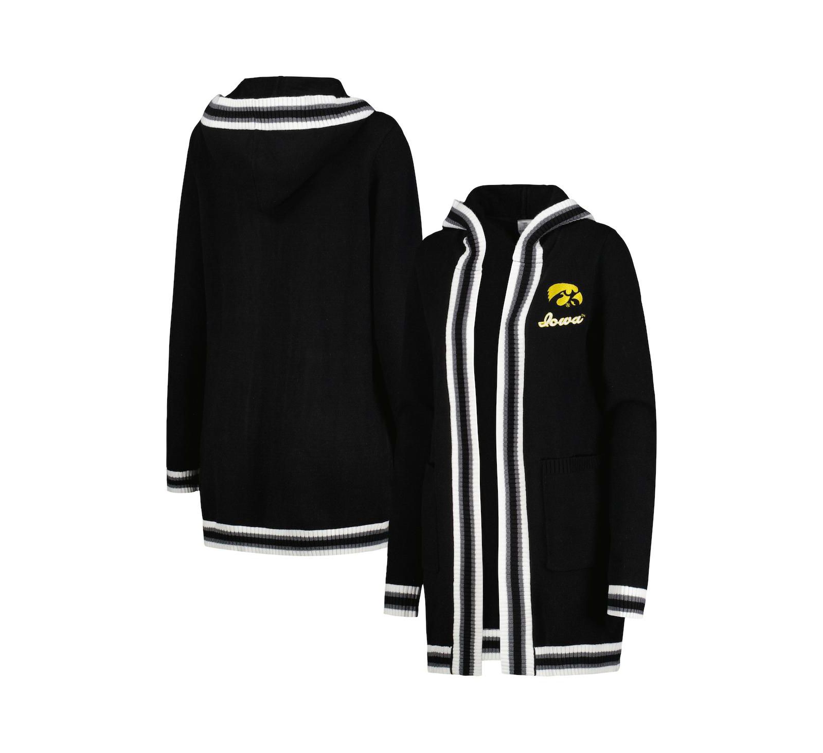 Women's Gameday Couture Black Iowa Hawkeyes One More Round Tri-Blend Striped Hooded Cardigan Sweater