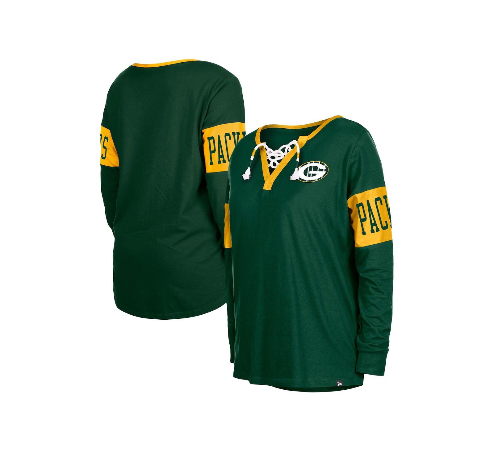 Женская футболка New Era Green Green Bay Packers Lace-Up Notch Neck Long Sleeve