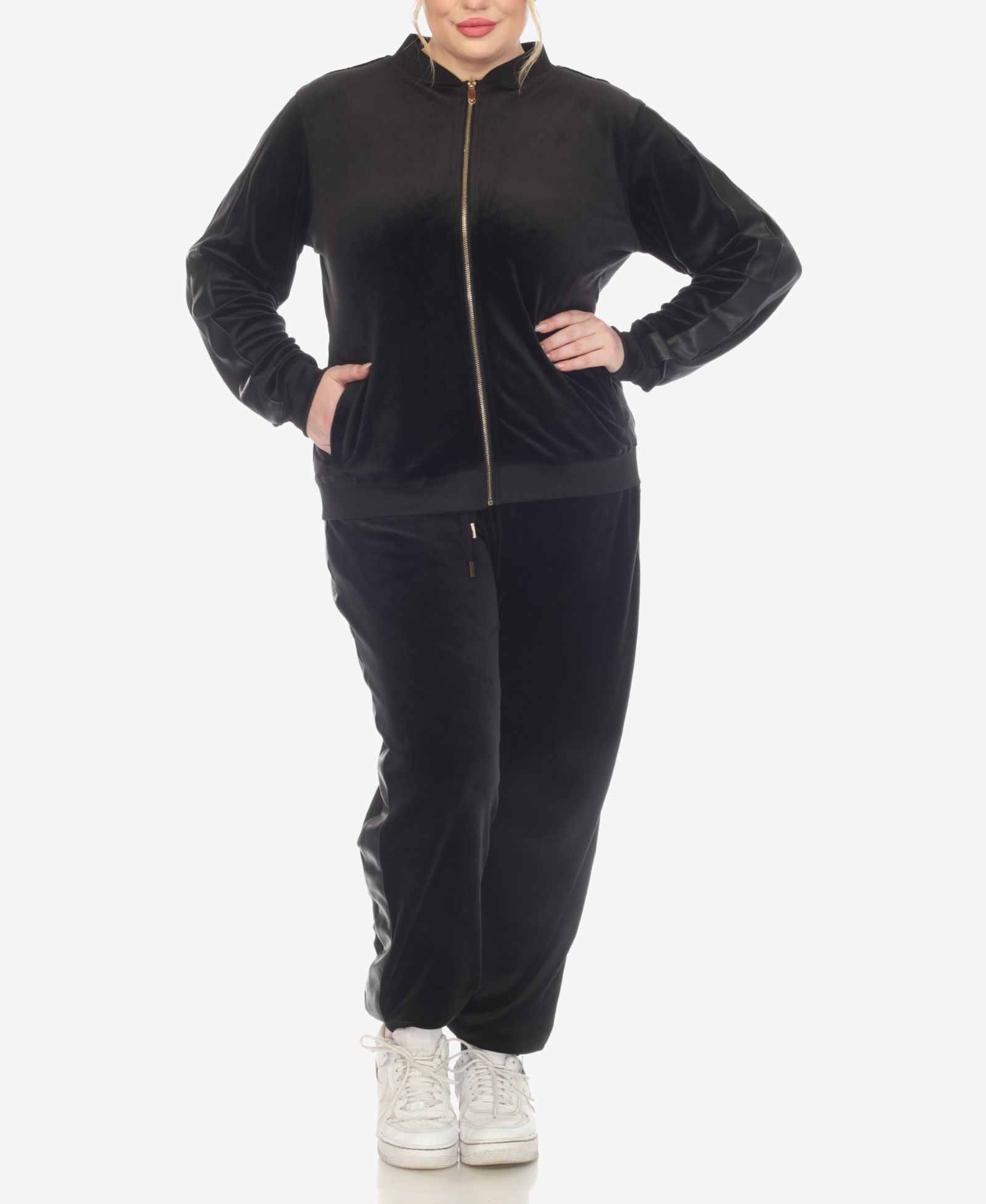 White Mark Plus Size Faux Leather Stripe Velour 2 Piece Tracksuit Set