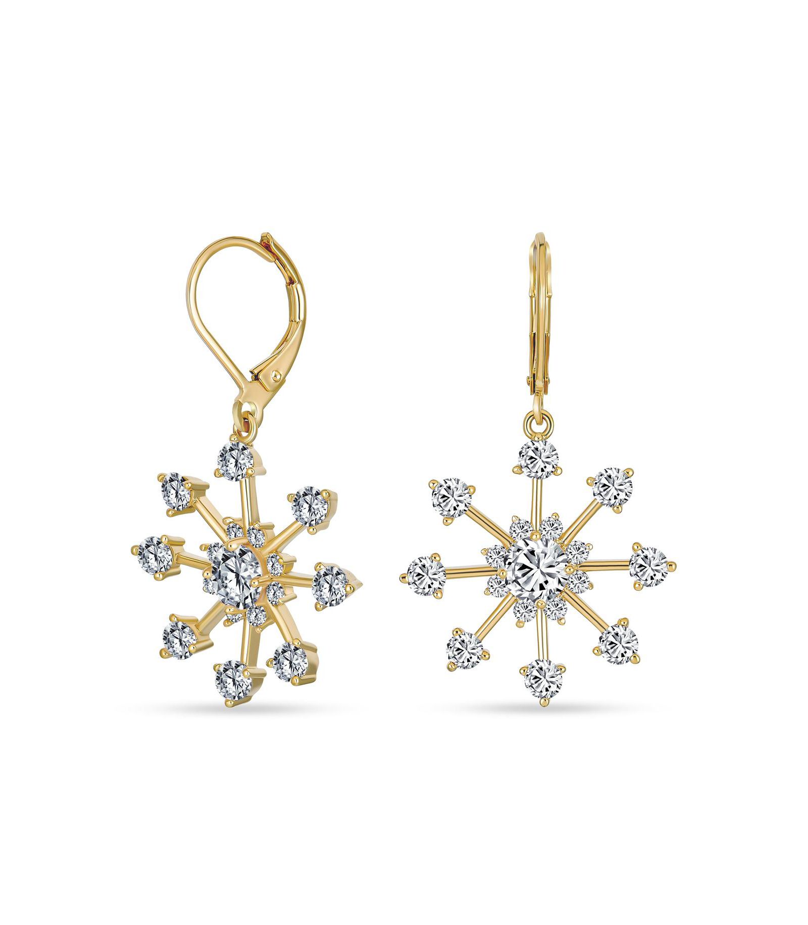 Bling Jewelry Christmas Holiday CZ Snowflake Dangle Drop Earrings Gold Plated Lever Back