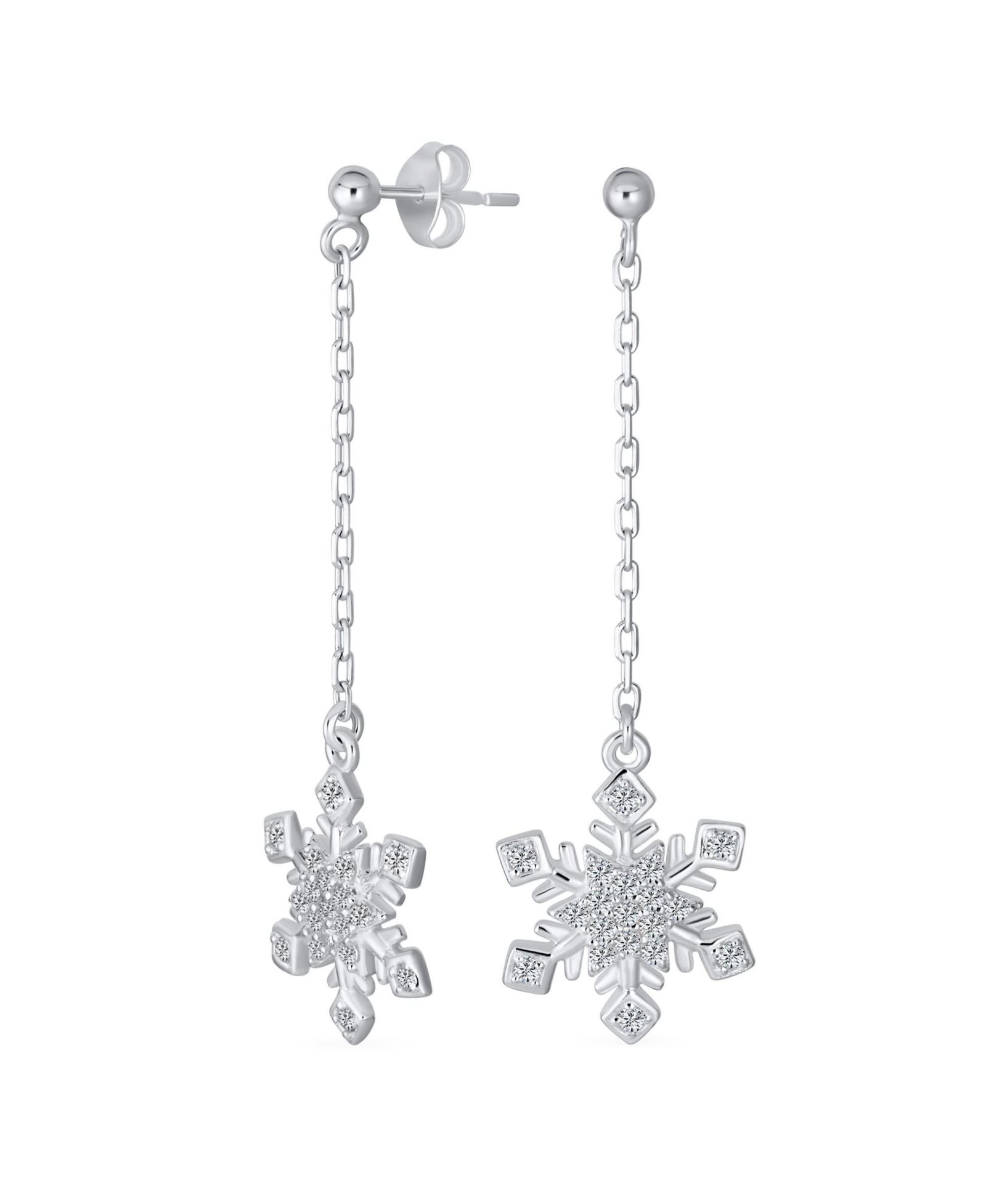 Bling Jewelry Christmas Holiday CZ Snowflake Earrings Long Dangle Chain Sterling Silver