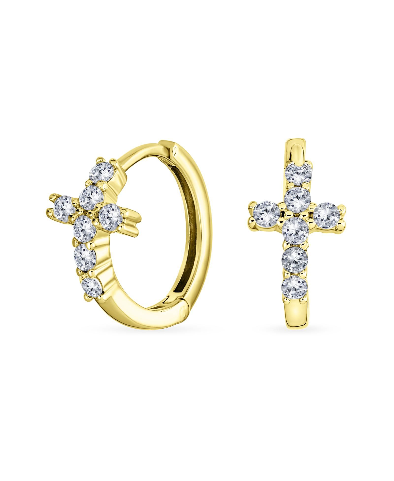 Серьги-кольца Bling Jewelry с кубическим цирконием CZ в форме креста, позолоченное.925 Sterling Silver