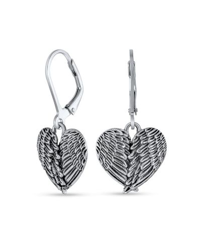 Bling Jewelry Guardian Angel Wings Heart Shape Dangle Earrings Sterling Silver Leverback