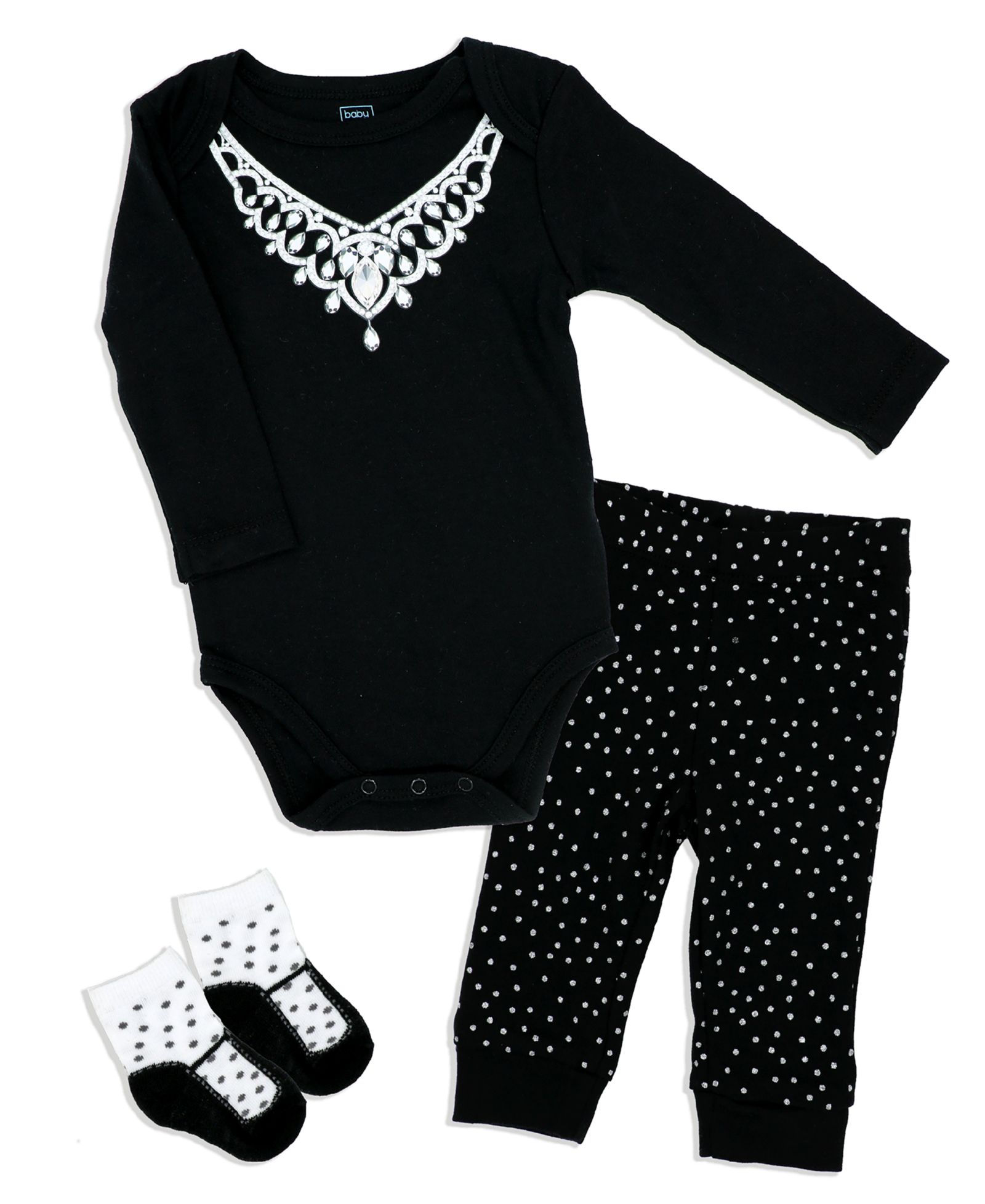 Комплект Baby Mode Baby Girls Diamond Necklace Bodysuit, Pants and Socks 3 Piece Set