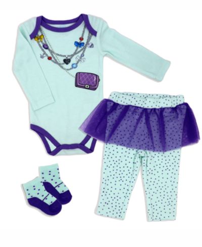 Baby Mode Baby Girls Fancy Jewels Bodysuit, Pants and Socks, 3 Piece Set