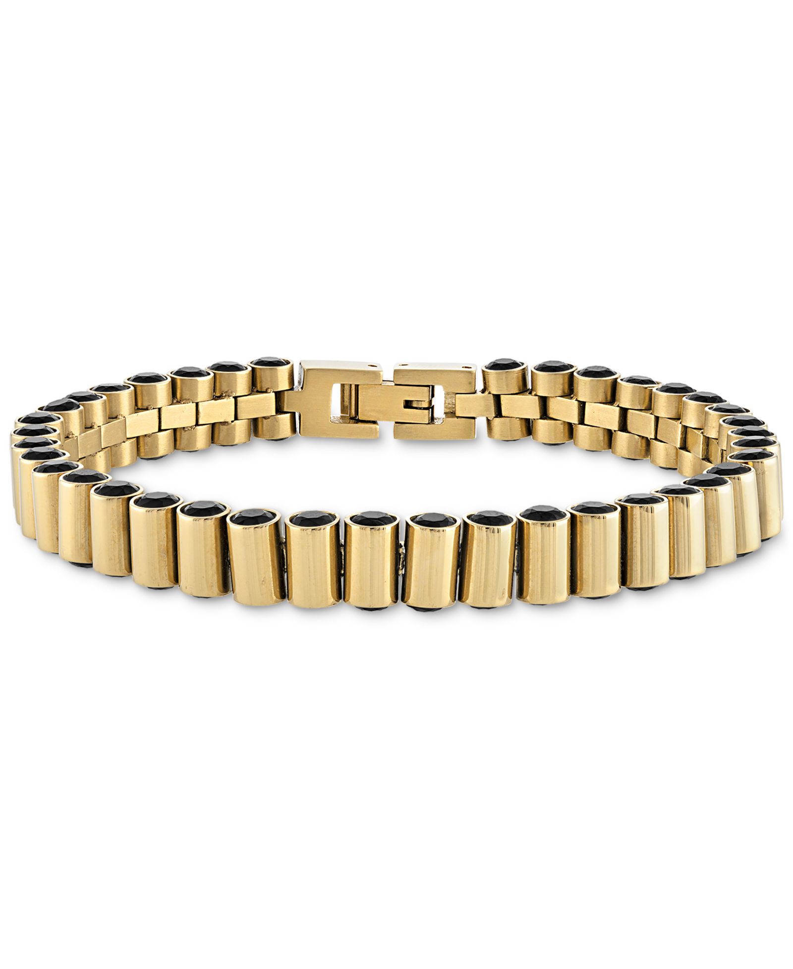 Esquire Men's Jewelry Black Spinel Cylinder Link Bracelet in Gold-Tone Ion-Plated Sterling Silver, Created for Macy's
