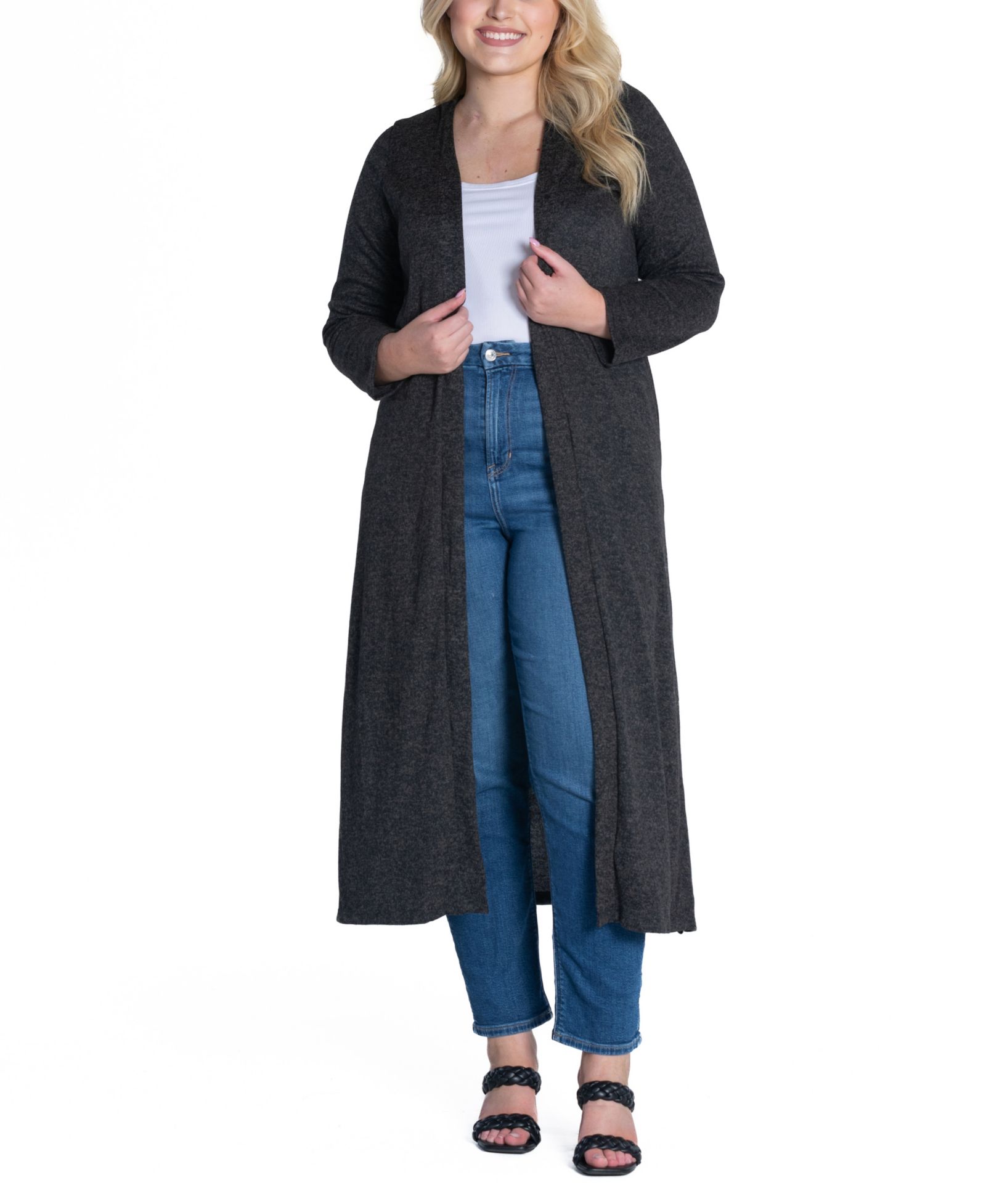 24seven Comfort Apparel Plus Size Long Duster Open Front Knit Cardigan Sweater