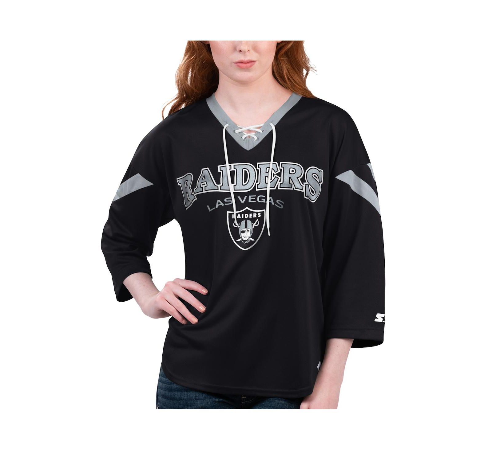 Женская футболка Starter Black Las Vegas Raiders Rally Lace-Up 3/4 Sleeve
