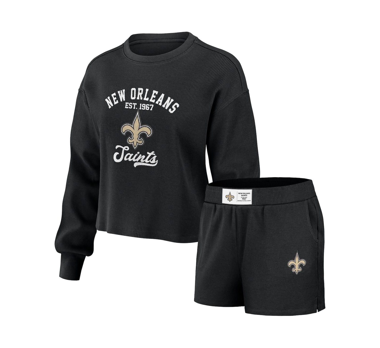 Женский комплект WEAR by Erin Andrews Black Distressed New Orleans Saints Waffle Knit Long Sleeve T-shirt и шорты для отдыха