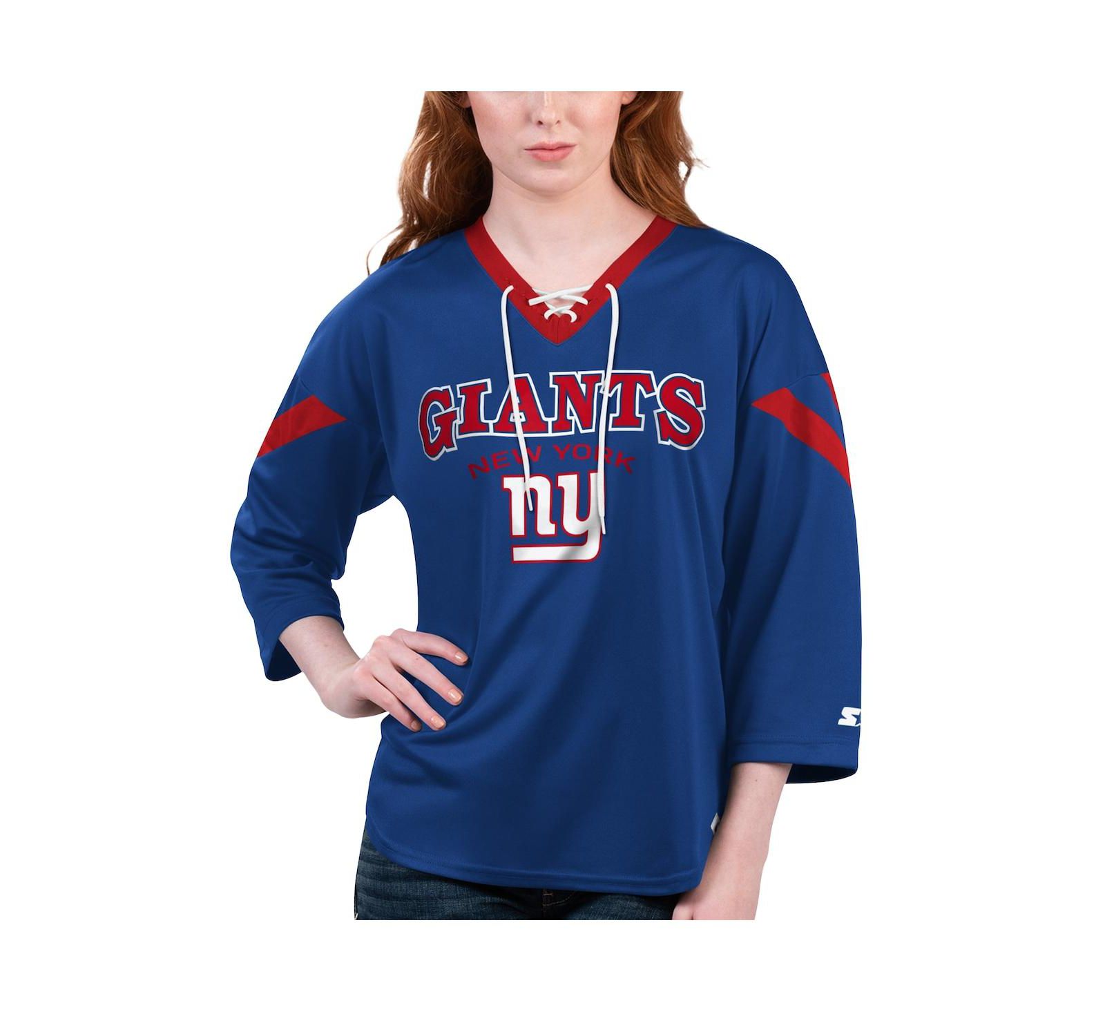 Starter Женская футболка с рукавом 3/4 и шнуровкой, Royal New York Giants