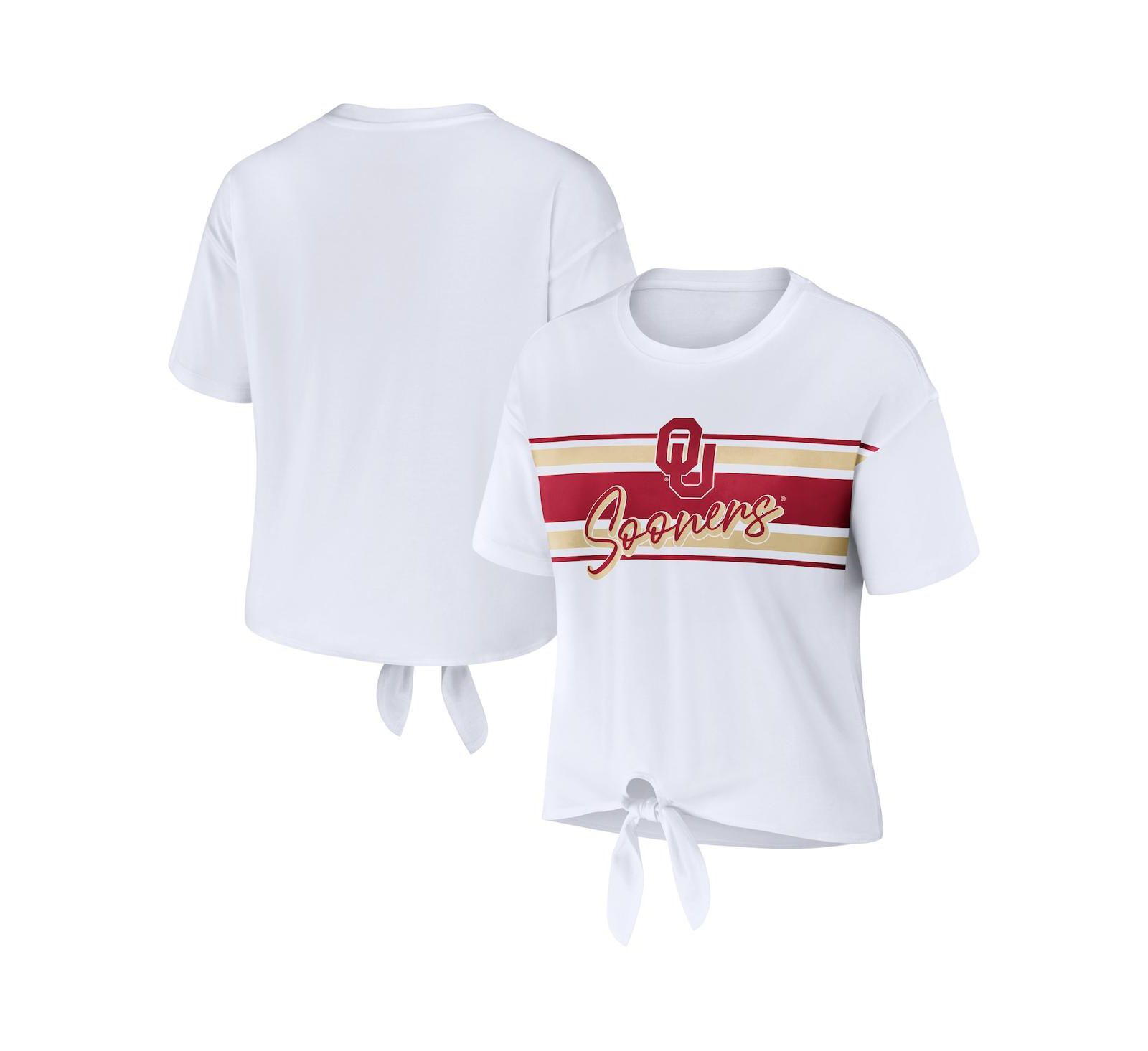 Женская укороченная футболка WEAR by Erin Andrews White Oklahoma Sooners Striped Front Knot Cropped