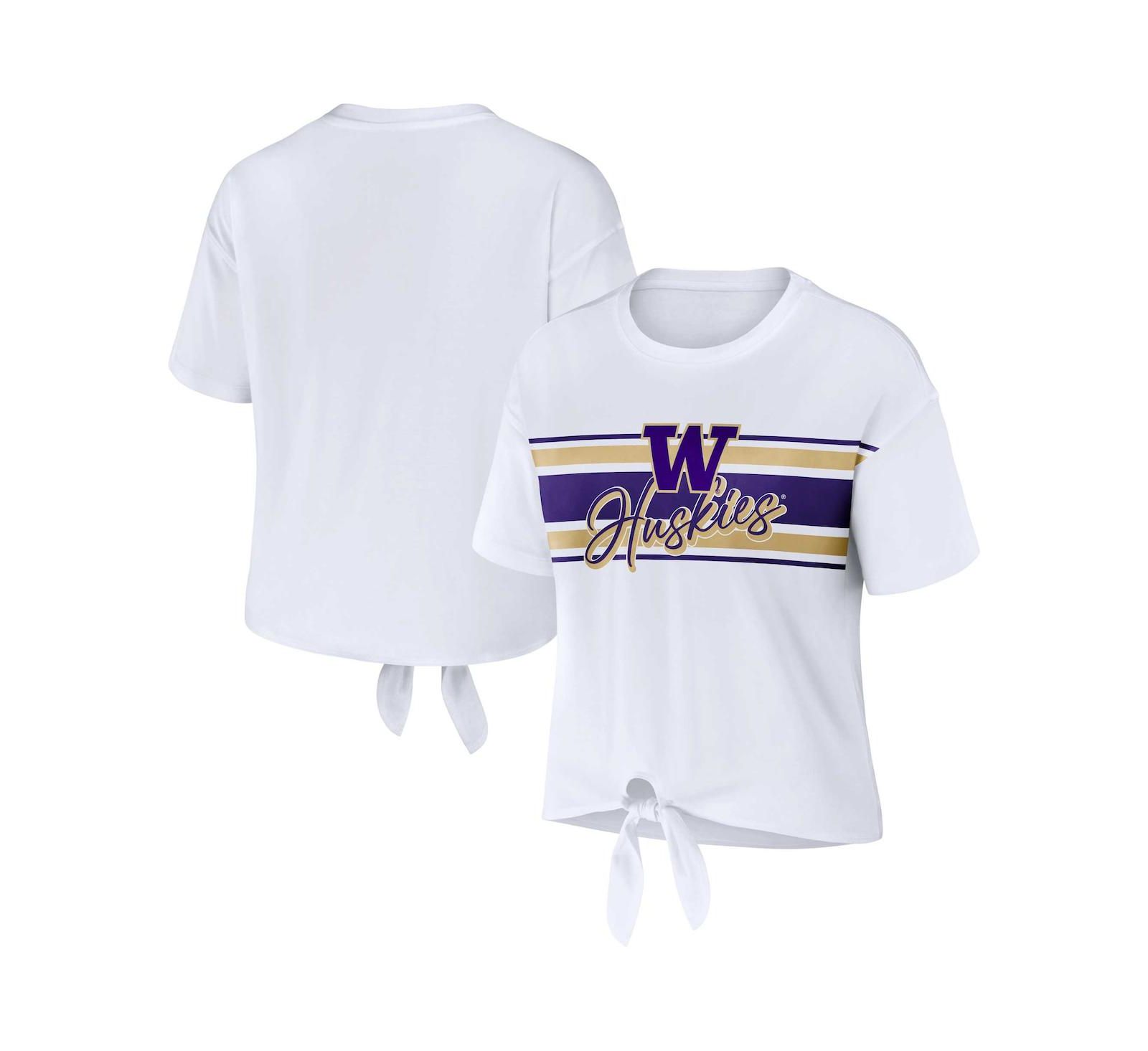 Women's WEAR by Erin Andrews White Washington Huskies Striped Front Knot Cropped T-shirt