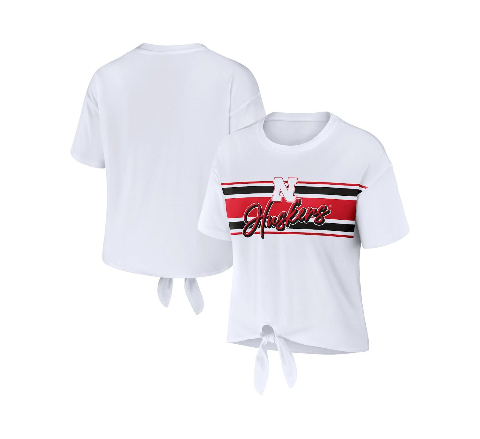 Women's WEAR by Erin Andrews White Nebraska Huskers Striped Front Knot Cropped T-shirt