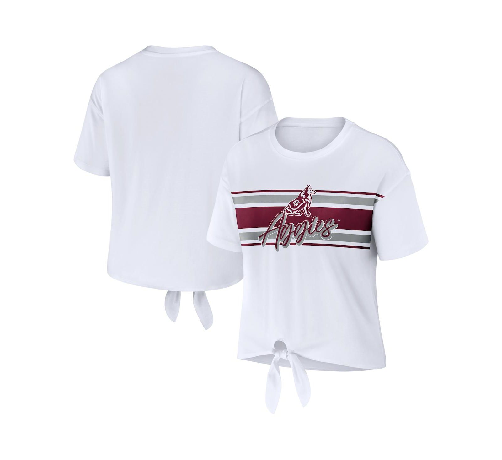 Women's WEAR by Erin Andrews White Texas A&M Aggies Striped Front Knot Cropped T-shirt