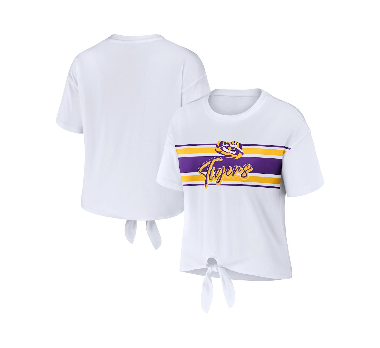 Women's WEAR by Erin Andrews White LSU Tigers Striped Front Knot Cropped T-shirt