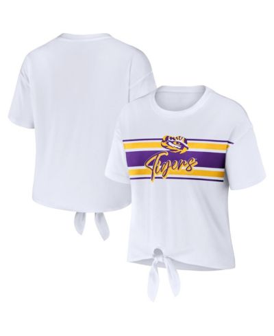 Женская укороченная футболка WEAR by Erin Andrews White LSU Tigers Striped Front Knot Cropped