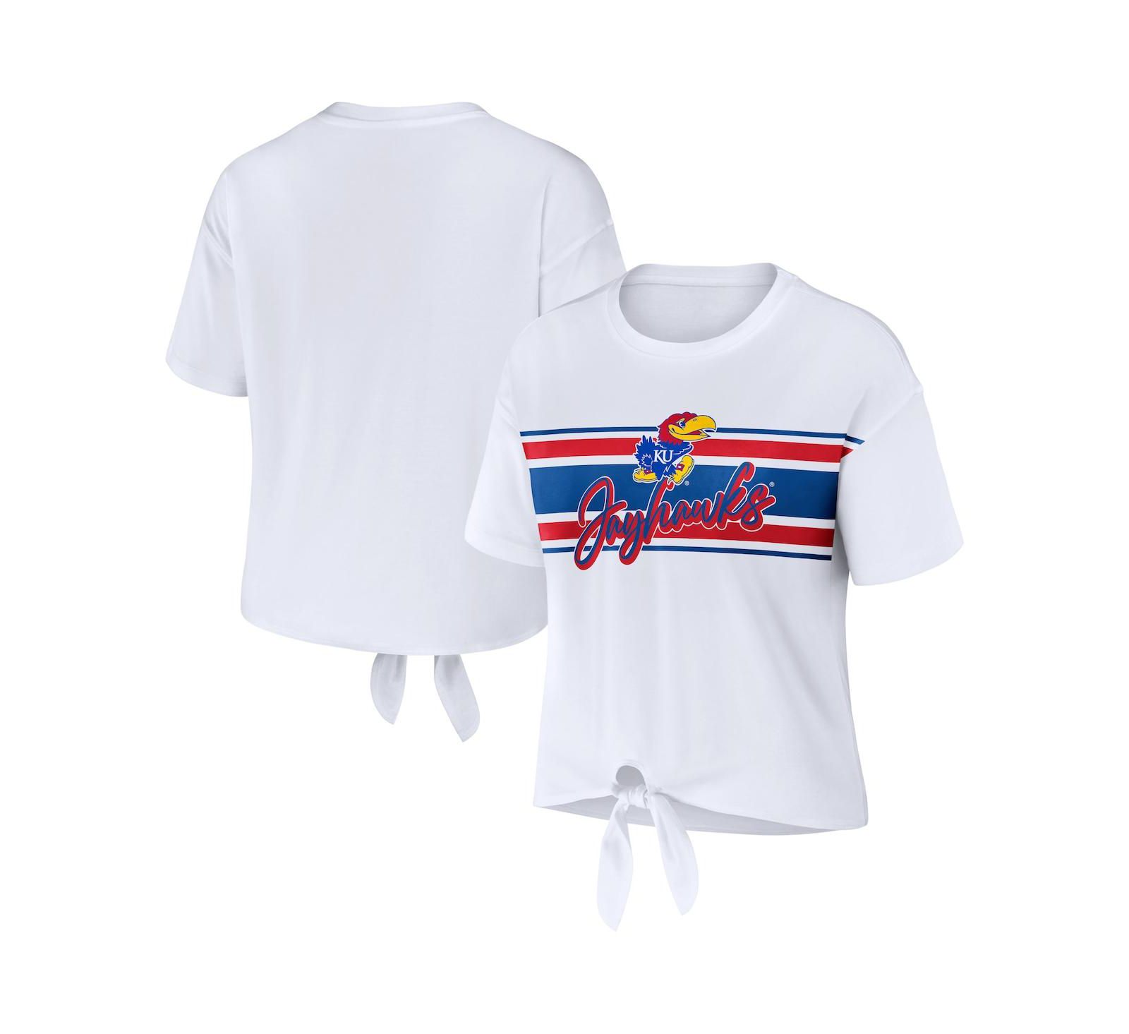 Women's WEAR by Erin Andrews White Kansas Jayhawks Striped Front Knot Cropped T-shirt
