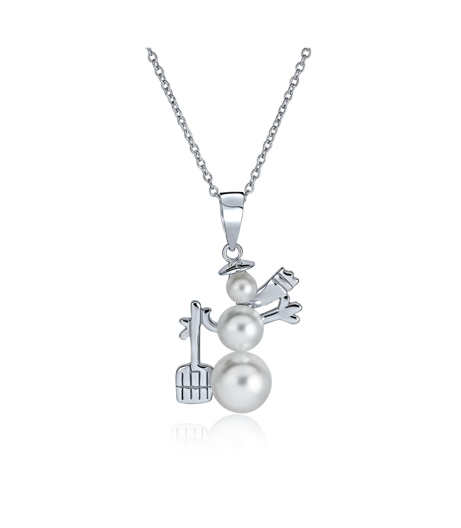 Bling Jewelry Dainty White Pearl Christmas Snowman Pendant Necklace .925 Sterling Silver