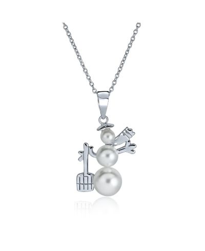 Bling Jewelry Dainty White Pearl Christmas Snowman Pendant Necklace .925 Sterling Silver