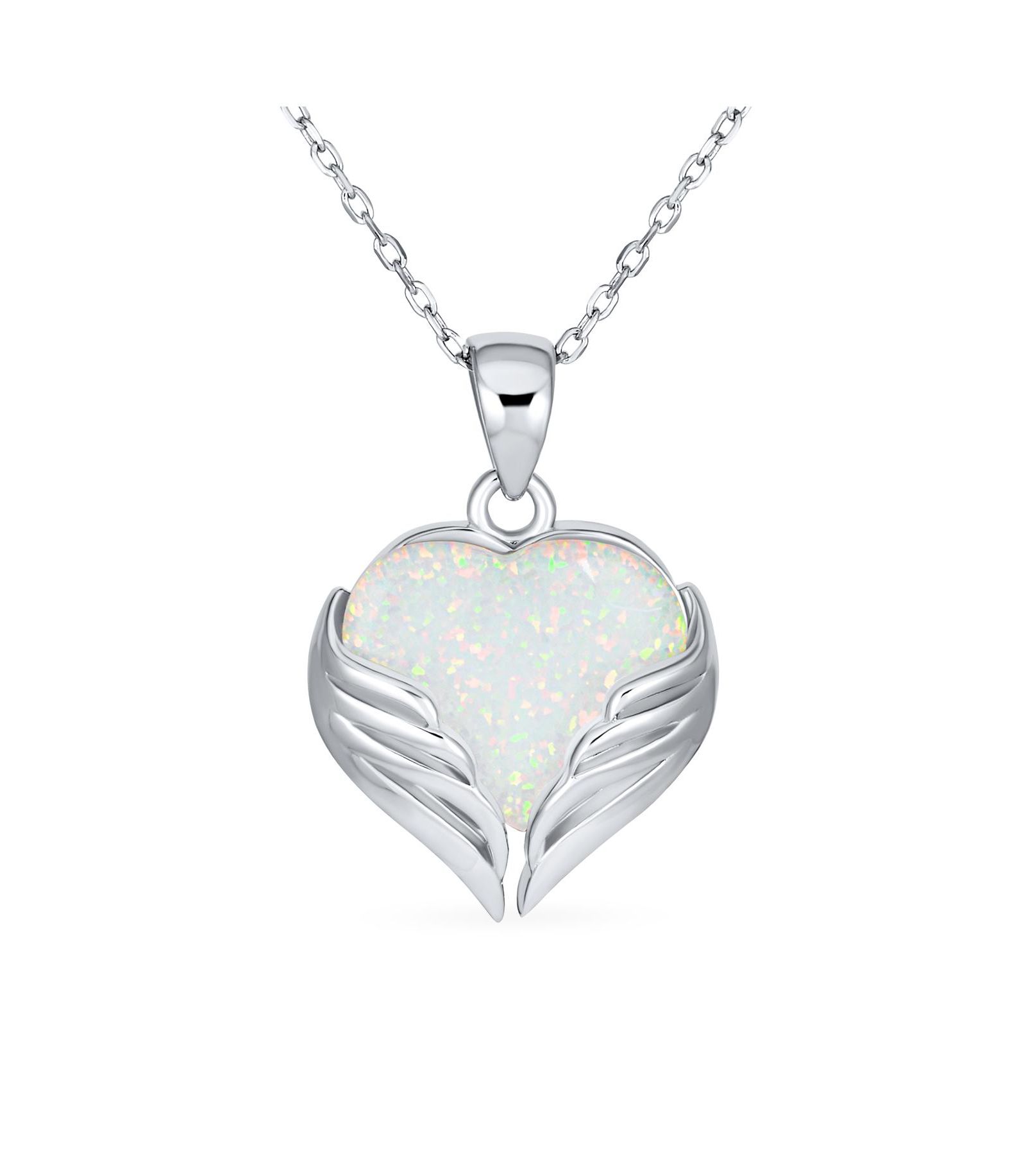 Bling Jewelry Framed White Opal Heart Shaped Angel Wing Necklace .925 Sterling Silver