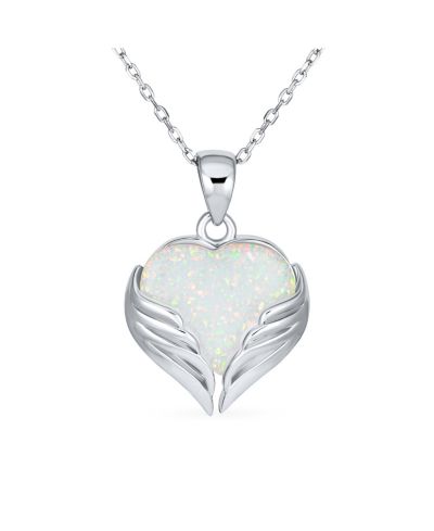 Bling Jewelry Framed White Opal Heart Shaped Angel Wing Necklace .925 Sterling Silver