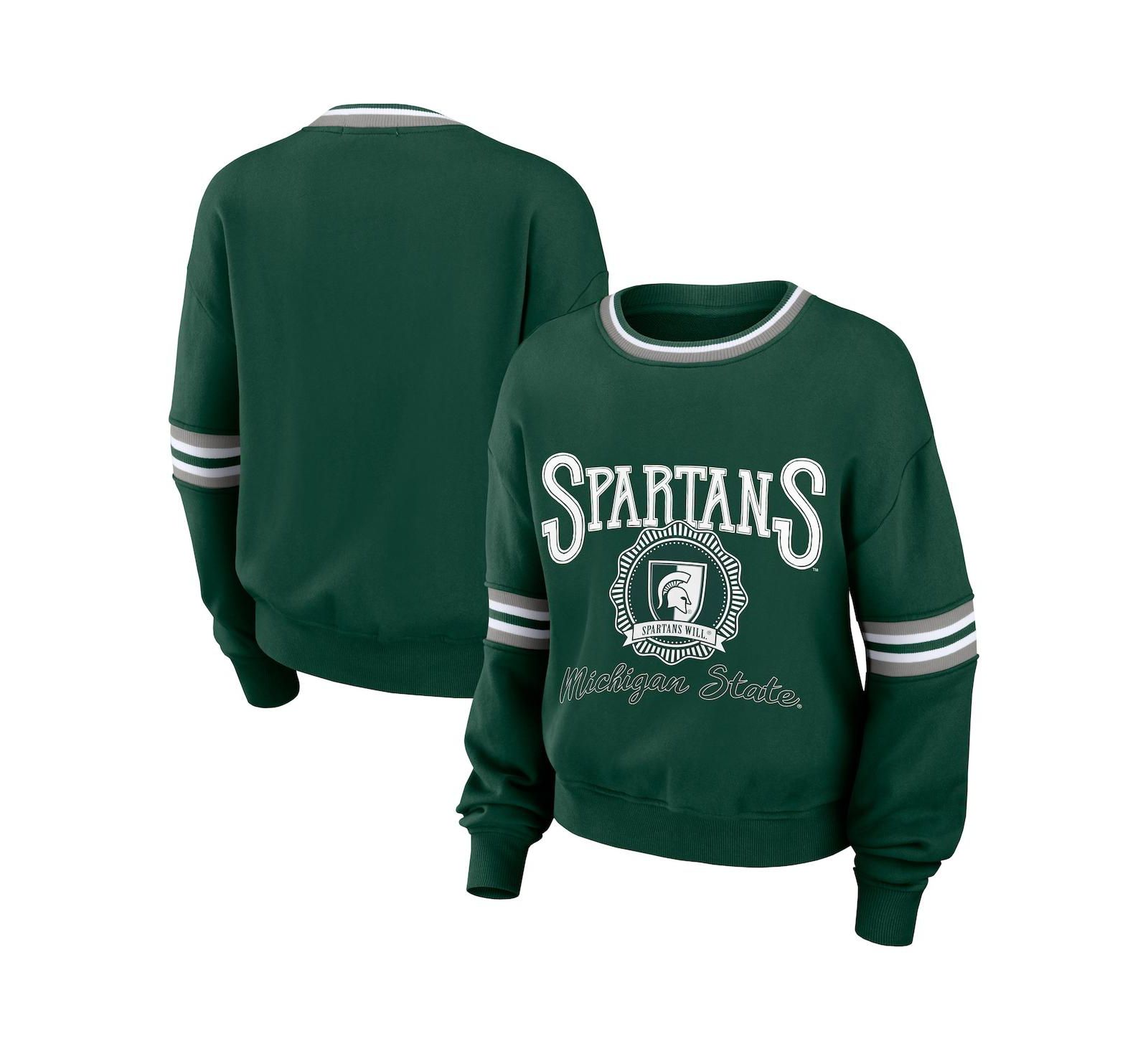 Свитшот WEAR by Erin Andrews Women's Forest Green Distressed Michigan State Spartans Vintage-Like Pullover
