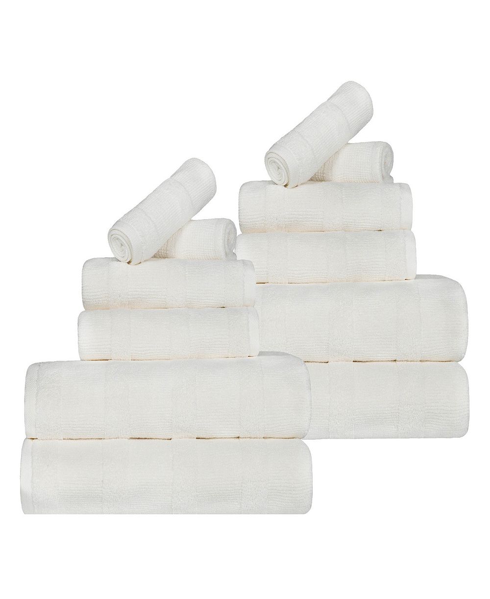 Superior Roma Ribbed Turkish Cotton Quick-Dry Solid Assorted Highly Absorbent Towel 12 Piece Set
