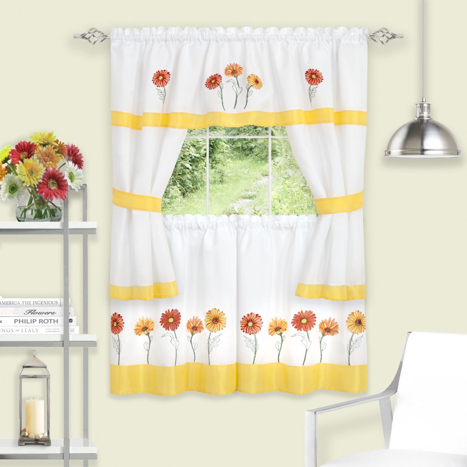 Комплект из 5 штук Kate Aurora Montauk Accents Embroidered Sunflowers and Daisies Kitchen Curtain Tier and Valance