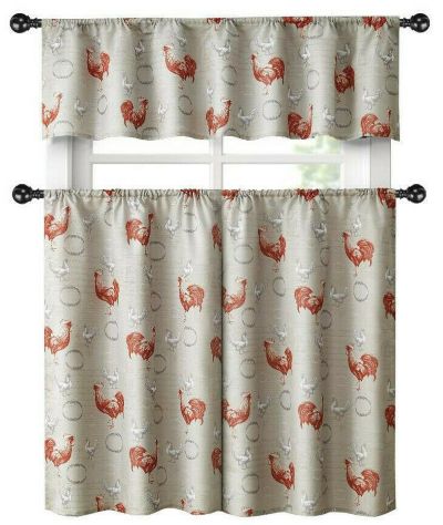 Kate Aurora Living Country Farmhouse Red Rooster Barn 3 Piece Kitchen Curtain Tier and Valance Set