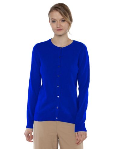 JENNIE LIU Women's 100% Cashmere Button Front Long Sleeve Crewneck Cardigan Sweater