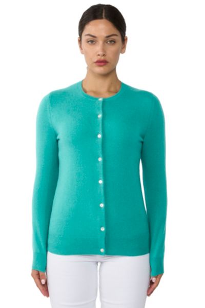 JENNIE LIU Women's 100% Cashmere Button Front Long Sleeve Crewneck Cardigan Sweater