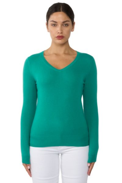 JENNIE LIU Women's 100% Pure Cashmere Long Sleeve Pullover V Neck Sweater