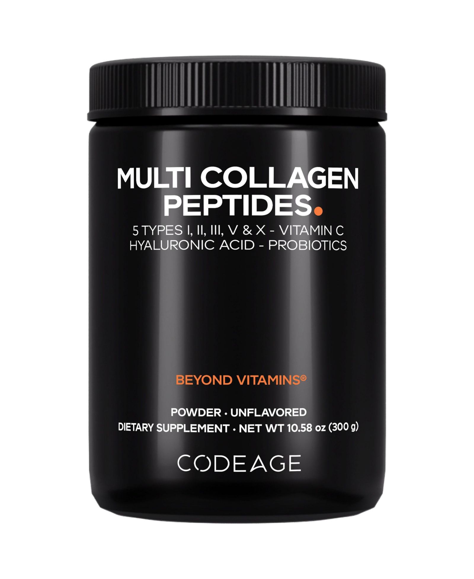 Codeage Multi Collagen Peptides Powder + Probiotics Black Edition, витамин C, гиалуроновая кислота, тип I, II, III, V и X, 10.58oz