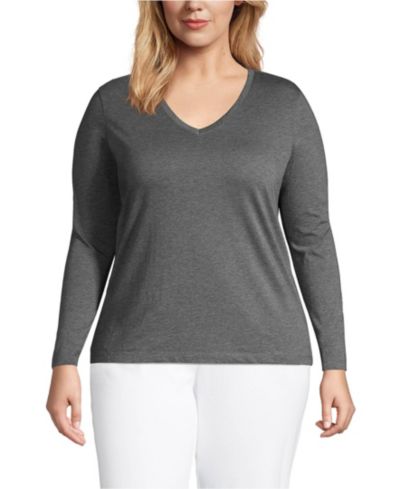 Lands' End Women's Plus Size Relaxed Supima Cotton Long Sleeve V-Neck T-Shirt