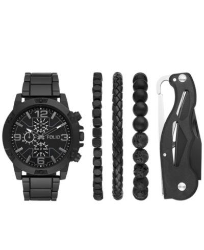 Мужские кварцевые часы Folio Black Alloy 50mm с подарочным набором