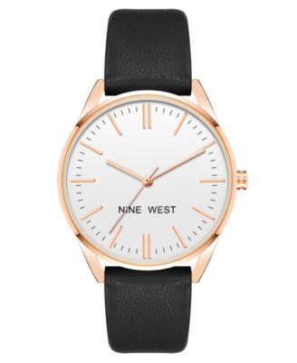 Nine West Women's Quartz Black Faux Leather Band Watch, 36mm