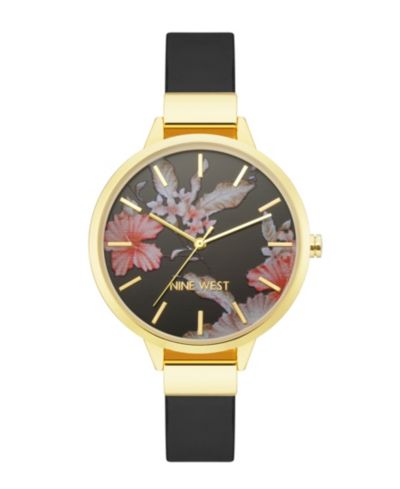 Женские кварцевые часы Nine West с черным искусственным кожаным ремешком и цветочным узором, 38mm