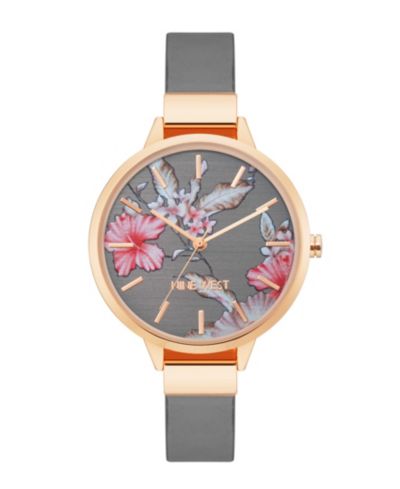 Женские часы Nine West Quartz Gray Faux Leather Band Floral Pattern, 38mm
