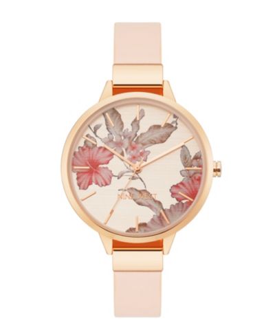 Женские кварцевые часы Nine West с розовым faux leather ремешком и цветочным принтом 38mm