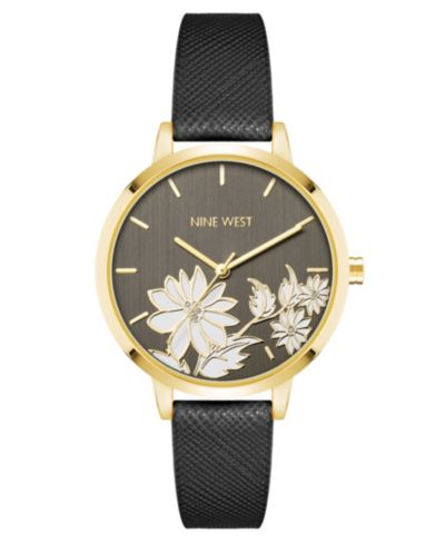 Nine West Woman's Quartz Black Faux Leather Band and Floral Pattern Watch, 36mm